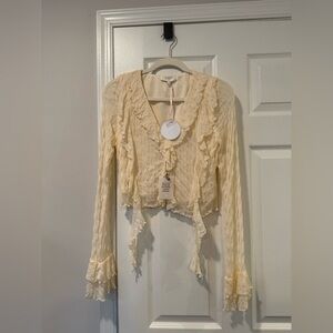 Ruffled V-Neck Long Sleeve Cropped Top in Cream